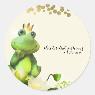 Frog Prince Green & Gold Baby Shower Custom Favour Classic Round Sticker