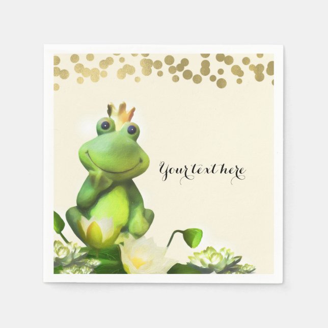 Frog Prince Green & Gold Baby Shower Custom Party Napkin (Front)