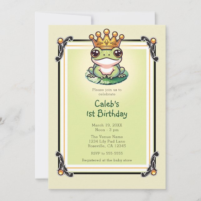 Frog Prince in Gold Crown 1ST Birthday Party Invitation (Front)