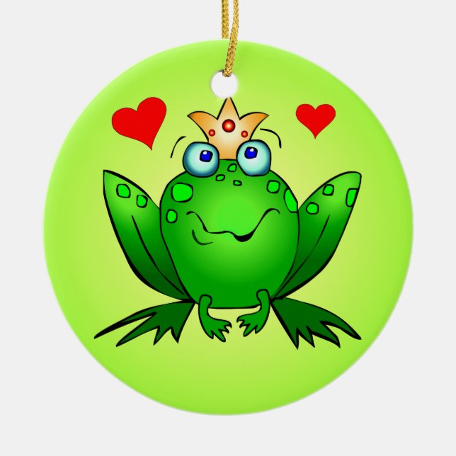 Frog Prince Princess Cartoon Frogs Hearts Green Ceramic Tree Decoration (Front)