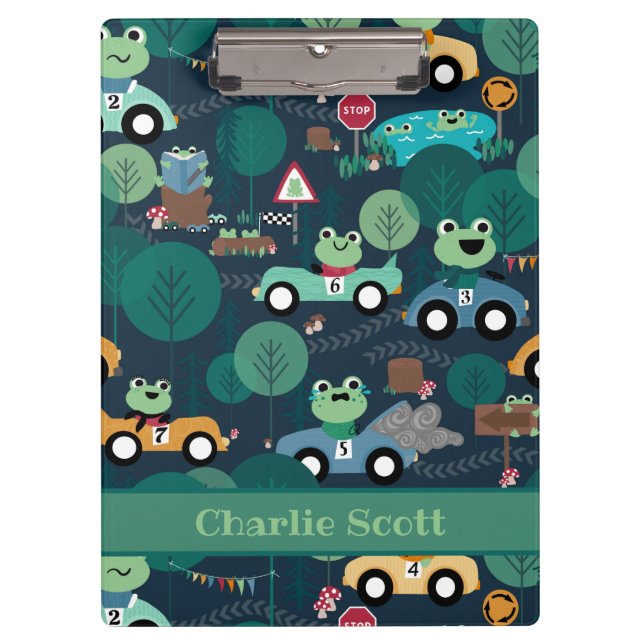 Frog Race Car Drivers Kids Personalised Clipboard (Front)