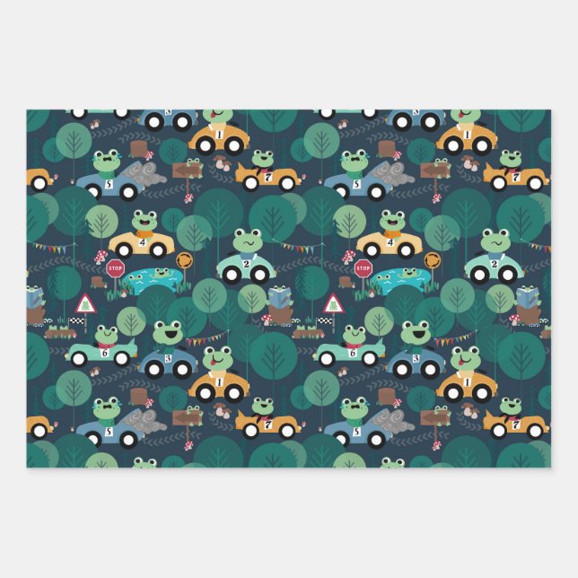 Frog Race Car Drivers Kids Personalised Wrapping Paper Sheet (Front)