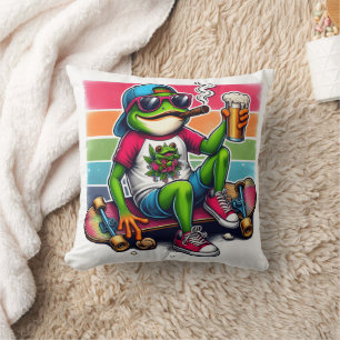 Frog ready to party with a drink on a skateboard cushion