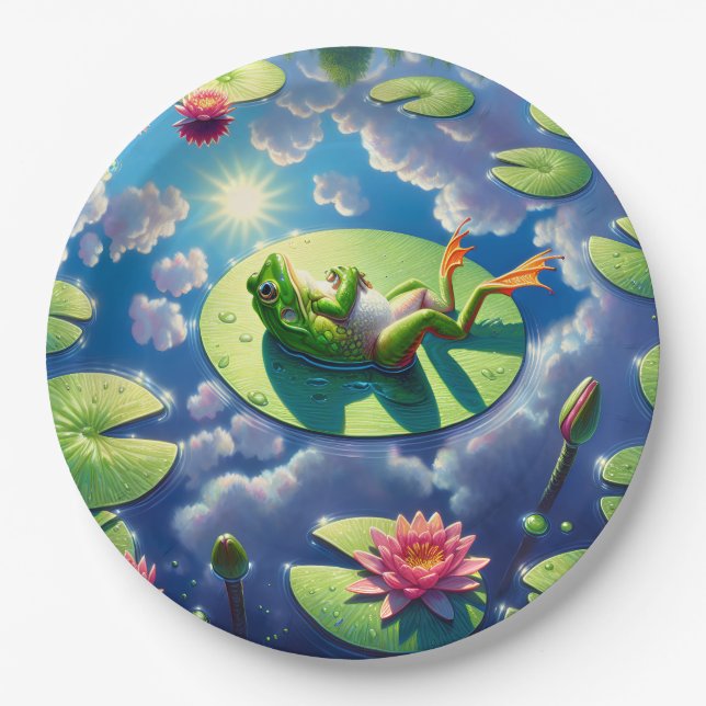 Frog Relaxing On a Lily Pad Paper Plate (Front)