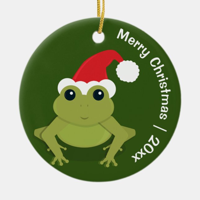 Frog Santa Merry Christmas Ceramic Ornament (Front)