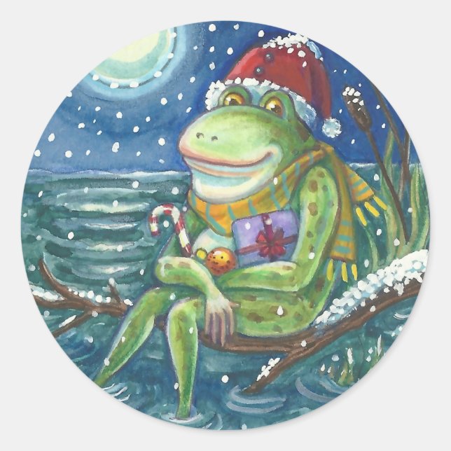 FROG SANTA ON LOG, HOLLIDAY CHRISTMAS STICKERS Rnd (Front)