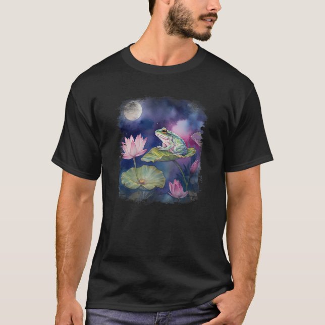 Frog sitting on lily pad flower lotus moon night T-Shirt (Front)