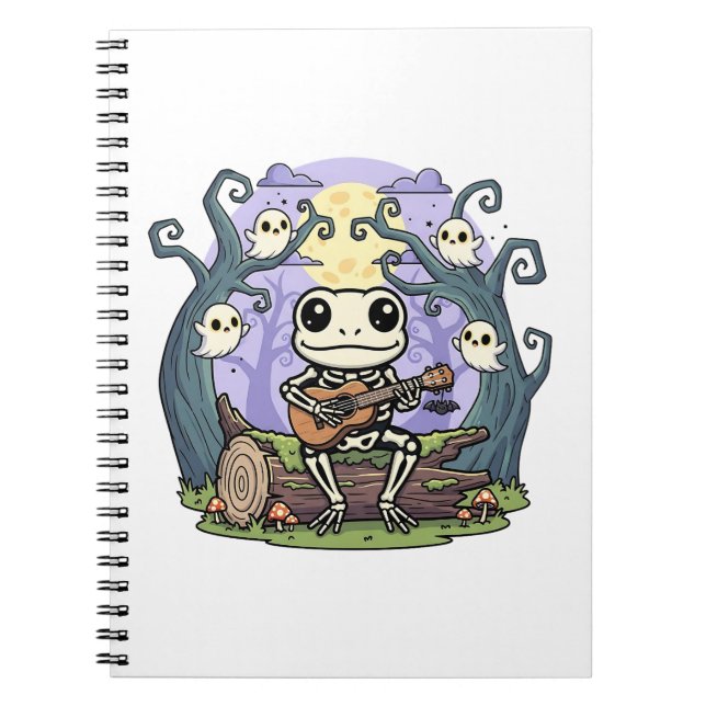 Frog Skeleton Playing Ukulele with Ghosts Notebook (Front)