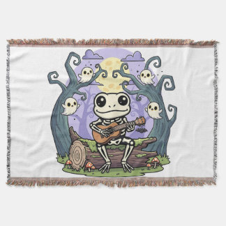 Frog Skeleton Playing Ukulele with Ghosts Throw Blanket