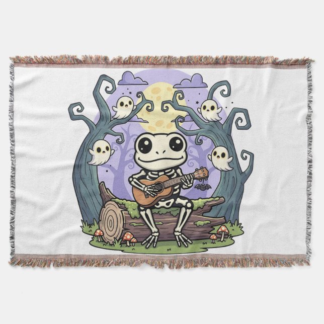 Frog Skeleton Playing Ukulele with Ghosts Throw Blanket (Front)