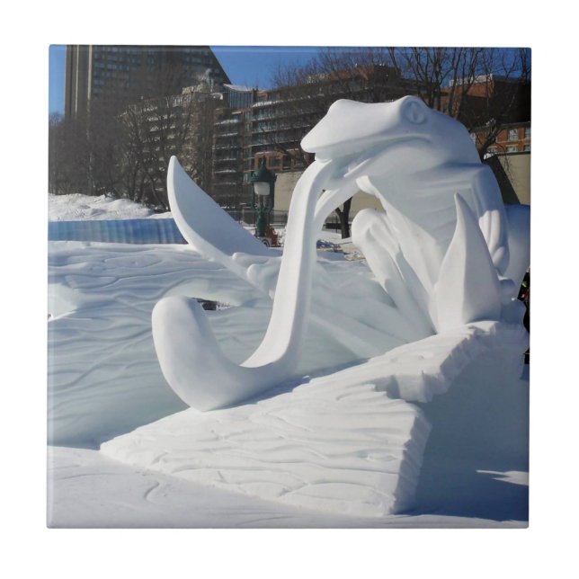 Frog Snow Sculpture, Quebec, Canada Ceramic Tile (Front)