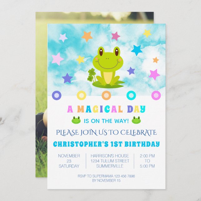 Frog Star 1st Birthday party Retro Invitation (Front/Back)