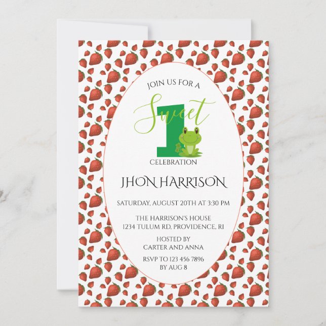 Frog Strawberry First birthday party Kawaii Invitation (Front)