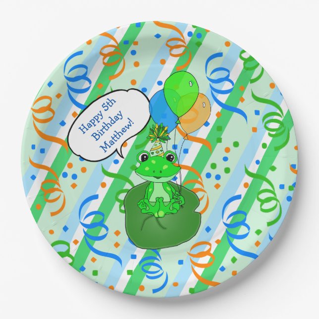 Frog Themed Boy's Birthday Party Paper Plate (Front)