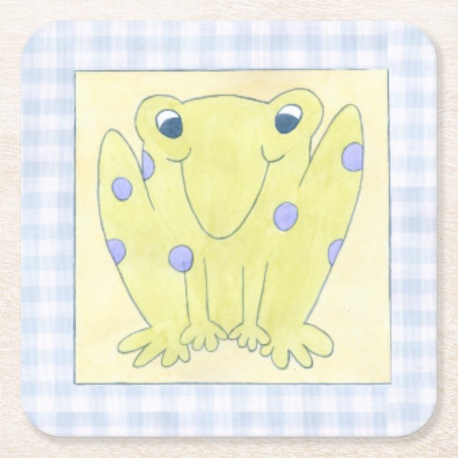 Frog Trio on Gingham Cloth Square Paper Coaster (Front)