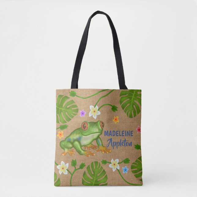 Frog Tropical Leaves Flowers | Personalised Name Tote Bag (Front)