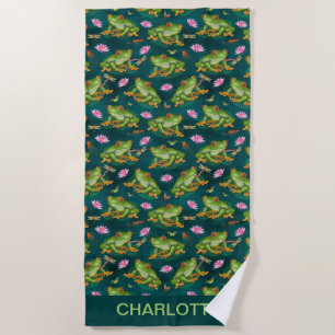 Frog Tropical Lily Pad Dragonfly Fish Pond Pattern Beach Towel