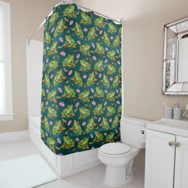 Frog Tropical Lily Pad Dragonfly Fish Pond Pattern Shower Curtain (In Situ)