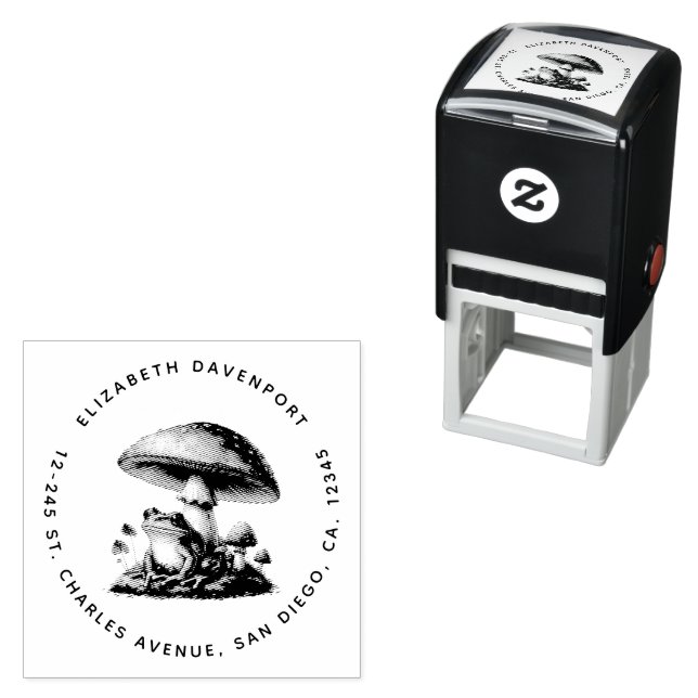 Frog Under a Mushroom Cute Address Self-inking Stamp (In Situ)