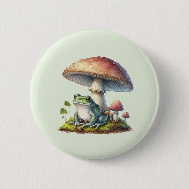 Frog Under a Mushroom Cute Nature 6 Cm Round Badge (Front)