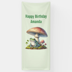Frog Under a Mushroom Cute Nature Birthday Banner