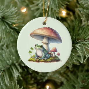 Frog Under a Mushroom Cute Nature Ceramic Ornament