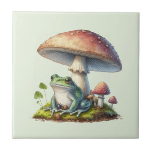 Frog Under a Mushroom Cute Nature Ceramic Tile