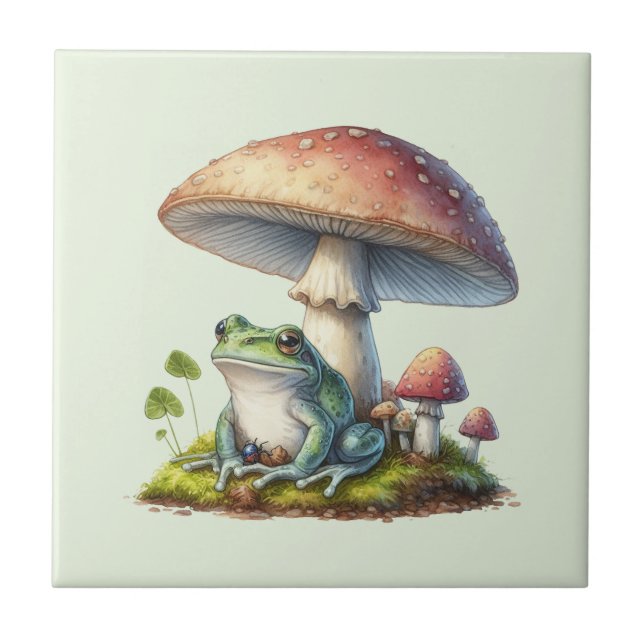 Frog Under a Mushroom Cute Nature Ceramic Tile (Front)