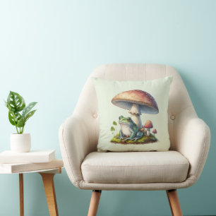 Frog Under a Mushroom Cute Nature Cushion