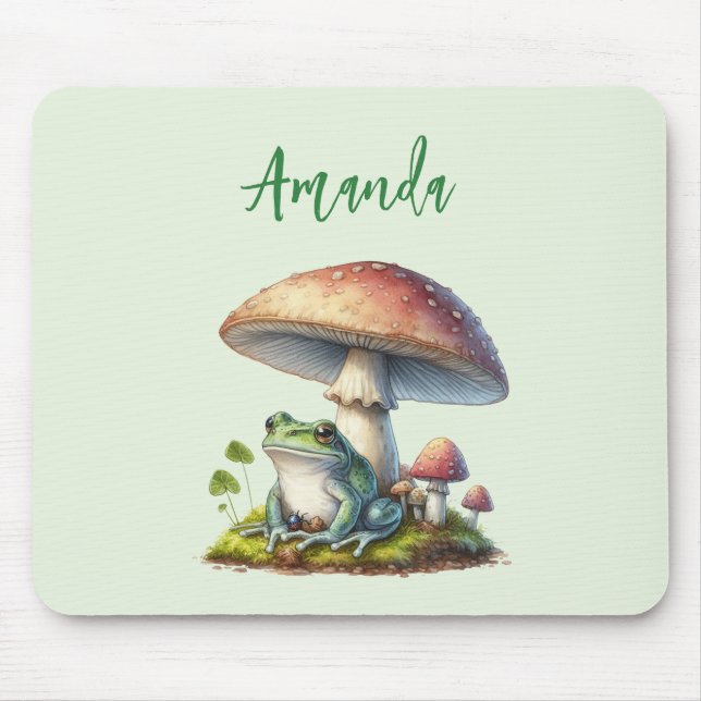 Frog Under a Mushroom Cute Nature Mouse Pad (Front)