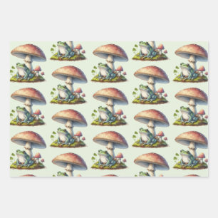 Frog Under a Mushroom Cute Nature Pattern Wrapping Paper Sheet