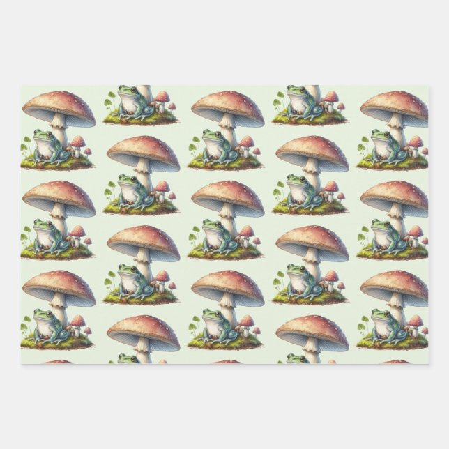 Frog Under a Mushroom Cute Nature Pattern Wrapping Paper Sheet (Front 3)