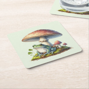 Frog Under a Mushroom Cute Nature Square Paper Coaster