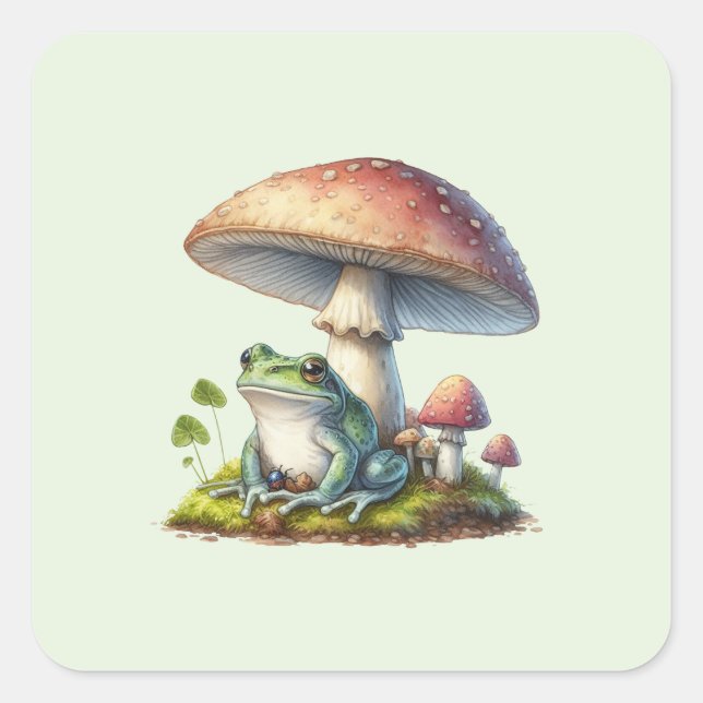 Frog Under a Mushroom Cute Nature Square Sticker (Front)