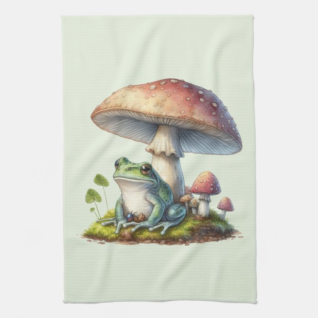 Frog Under a Mushroom Cute Nature Tea Towel (Vertical)