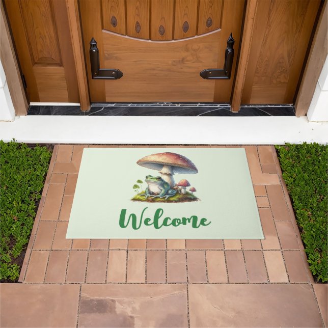 Frog Under a Mushroom Cute Nature Welcome Doormat (Outdoor)