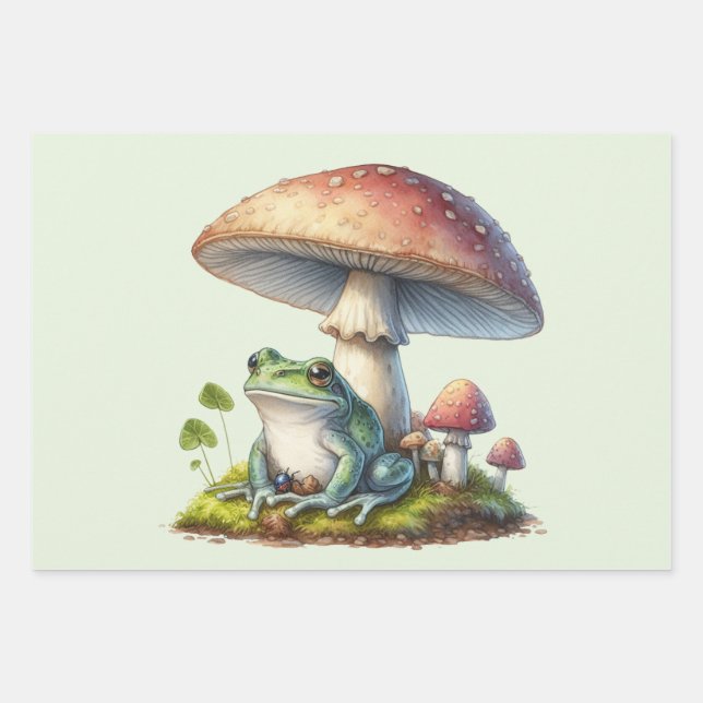 Frog Under a Mushroom Cute Nature Wrapping Paper Sheet (Front)