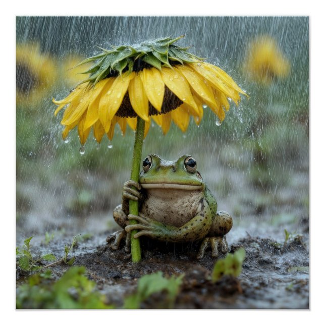 Frog Under a Sunflower Umbrella in Rain Poster (Front)