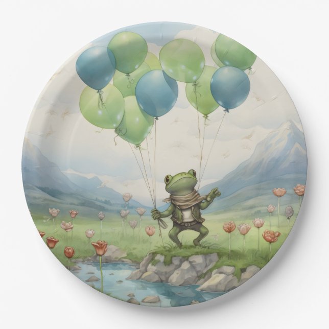 Frog Valley Balloon and Flowers Paper Plate (Front)