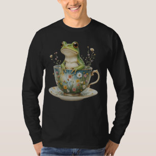Frog Vintage Tea Cup Floral Flowers Amphibian Frog T-Shirt
