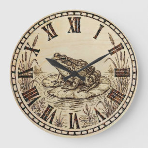 Frog Wall Clock Wood-Burned Nature Style