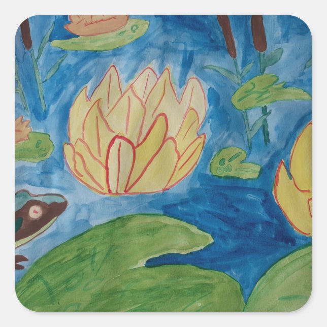 Frog & Waterlilies Square Sticker (Front)
