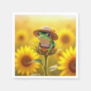 Frog Wearing a Straw Hat On a Sunflower Bud Napkin