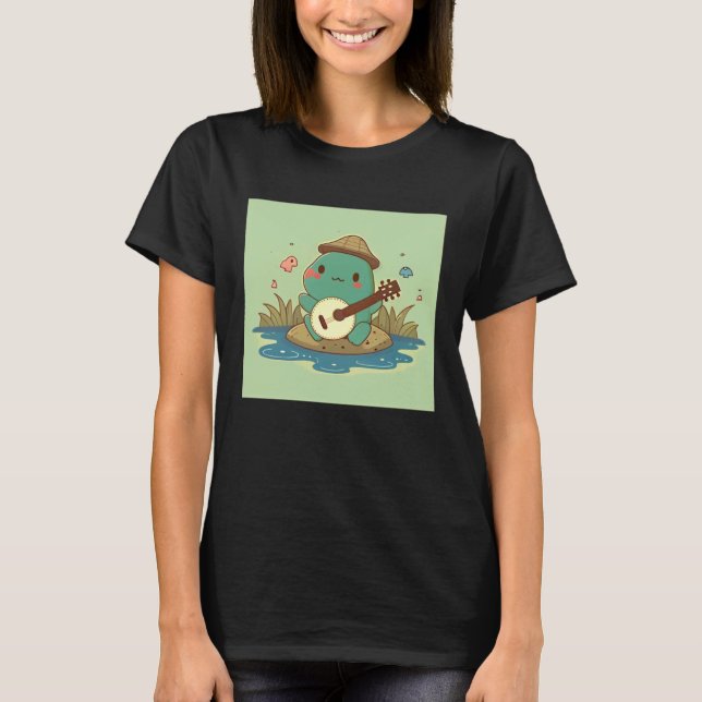 Frog wearing cute hat playing banjo in pond with b T-Shirt (Front)
