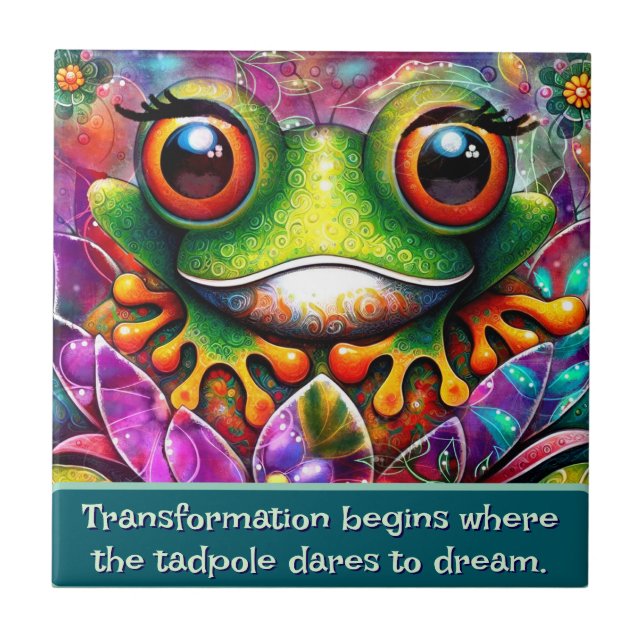 Frog Whimsical Abstract Art Floral Personalised Ceramic Tile (Front)