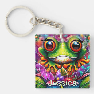 Frog Whimsical Abstract Art Floral Personalised Key Ring