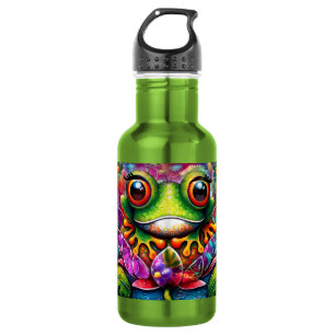 Frog Whimsical Abstract Painting Art Floral Green 532 Ml Water Bottle