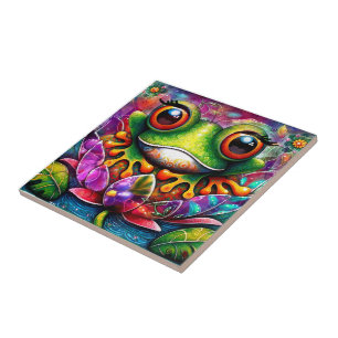 Frog Whimsical Abstract Painting Art Floral Green Ceramic Tile