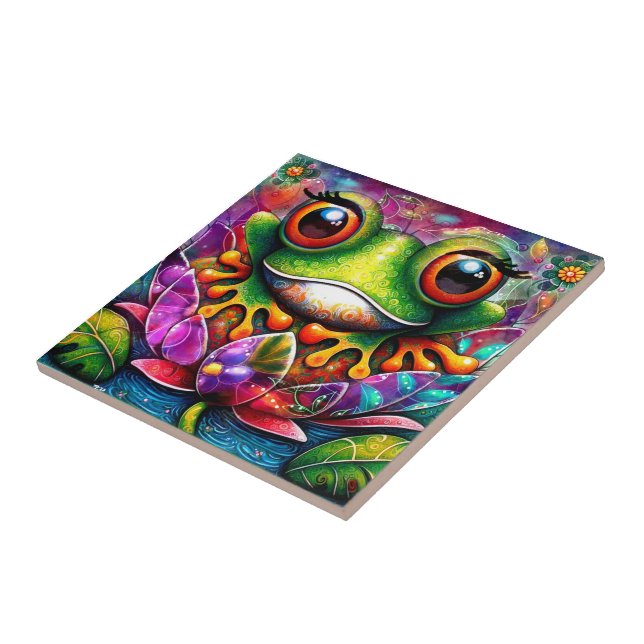 Frog Whimsical Abstract Painting Art Floral Green Ceramic Tile (Side)
