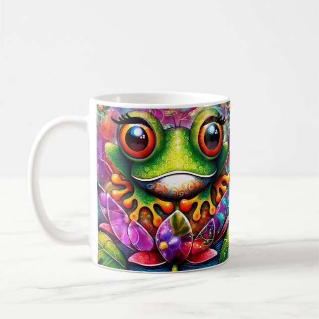 Frog Whimsical Abstract Painting Art Floral Green Coffee Mug (Left)